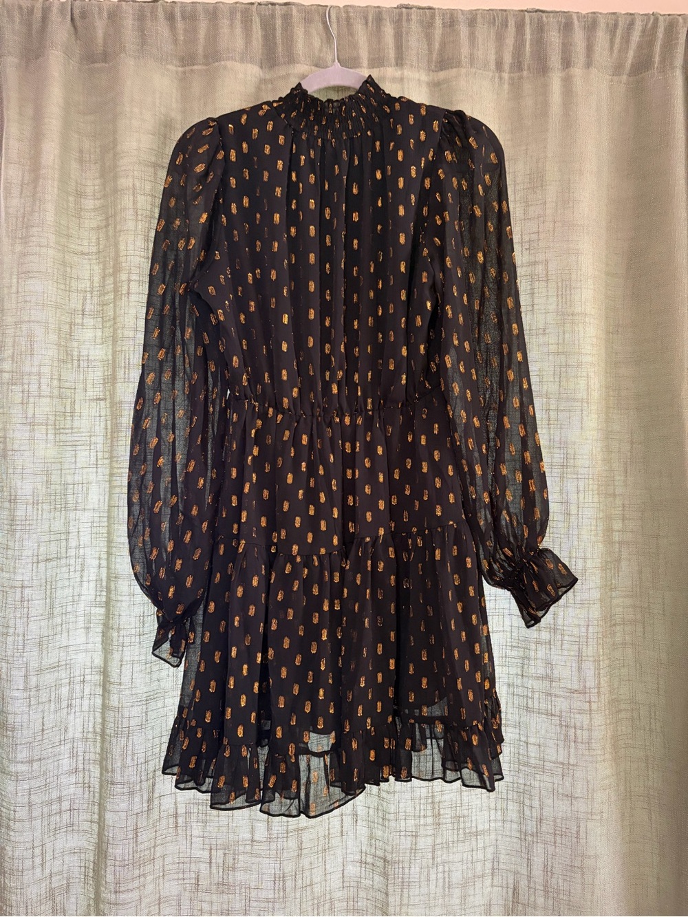 Black Long-Sleeve Tiered Mini Dress with Gold Dot Print